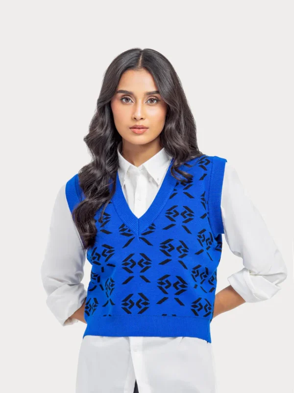 Blue Printed V-Neck Sweater Vest for Women